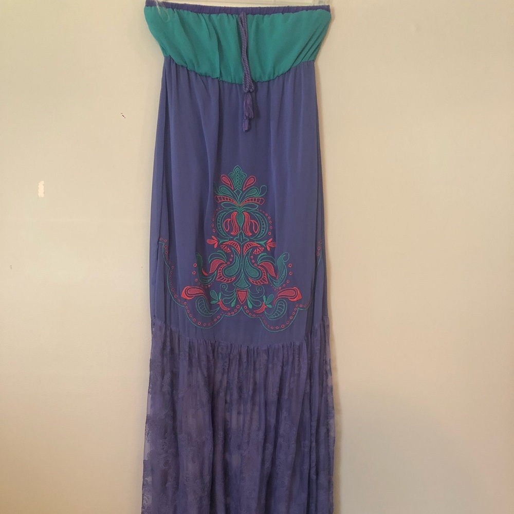 Purple, green, and orange maxi dress
